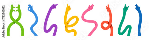 Cartoon flexible hands in motion. Vector set of abstract long curved arm symbolizing expression, play and communication. Heart and thumb up, pointing and crossed fingers, rock and ok signs