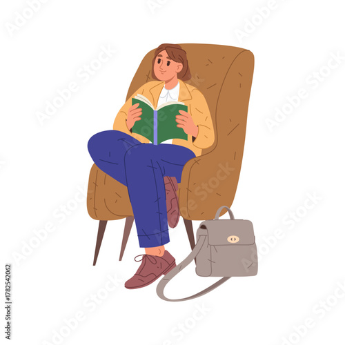 Student girl enjoying reading book in comfortable armchair. Vector in flat style, isolated teenage character reader with textbook. Preparing for exams or doing homework, assignments from teachers