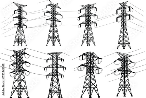 Flat vector silhouette set of high voltage transmission towers, electricity pylons, power grid infrastructure, lattice structure, energy distribution, illustration