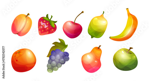 Food elements fruits for cartoon game design UI. Vector in flat style, isolated grapes and banana, apple and peach, lemon and pear, orange or grapefruit, cherry and strawberry with leaf in rows