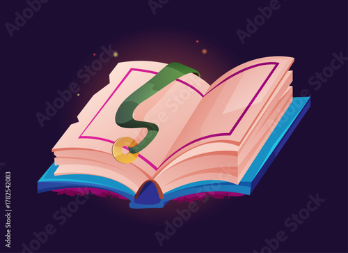 Glowing open blank magic book with bookmark and coin. Vector isolated shining witch or wizard manuscript or grimoire for writing down recipes, witchcraft and alchemy tips, enchantment spells