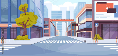 Wide and empty roads in urban surroundings. Vector streets with no vehicles or pedestrians, showing clear lanes, stoplight and buildings. Peaceful city infrastructure, avenue without traffic