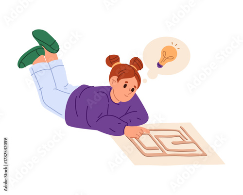 Kid girl solving puzzles and improving logic skills. Vector in flat style, isolated child character trying logical thinking on labyrinth game. Schoolgirl education and development of thoughts