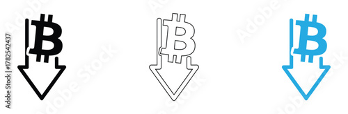 Bitcoin value falling with downward arrow, invest wisely and monitor cryptocurrency trends in digital finance, digital economy and decentralized systems