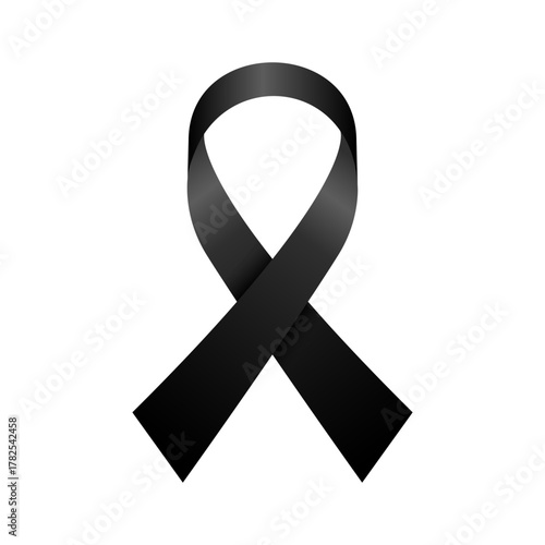Black awareness ribbon symbol representing mourning, remembrance, melanoma awareness, and support for victims of violence and loss.