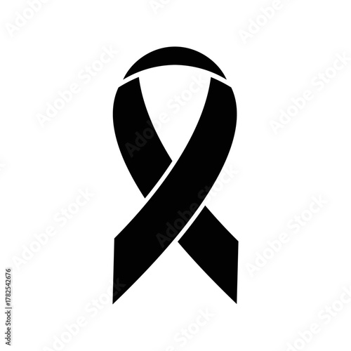 Black awareness ribbon symbol representing mourning, remembrance, melanoma awareness, and support for victims of violence and loss.
