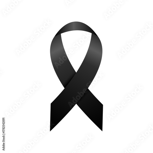 Black awareness ribbon symbol representing mourning, remembrance, melanoma awareness, and support for victims of violence and loss.
