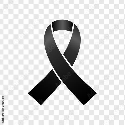 Black awareness ribbon symbol representing mourning, remembrance, melanoma awareness, and support for victims of violence and loss.