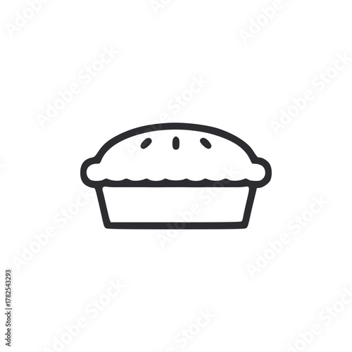 Line drawing of a pie with a rounded top crust featuring three small holes sitting in a rectangular dish
