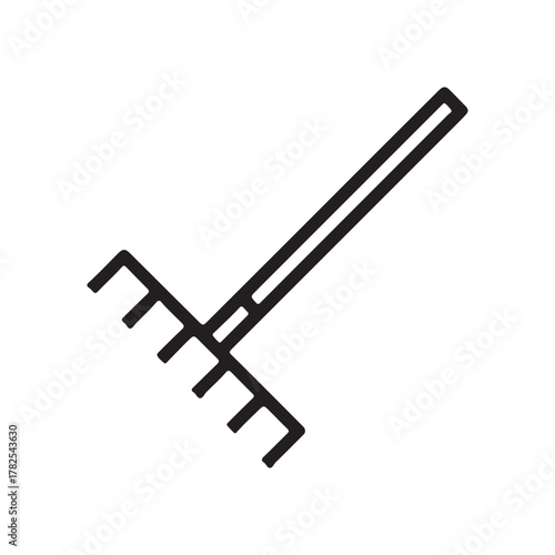Line drawing of a rake with a handle and several tines
