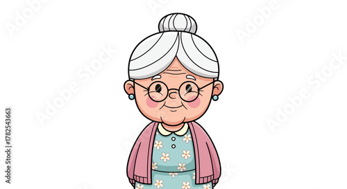 Charming cartoon illustration of a kind-looking elderly woman with white hair and glasses