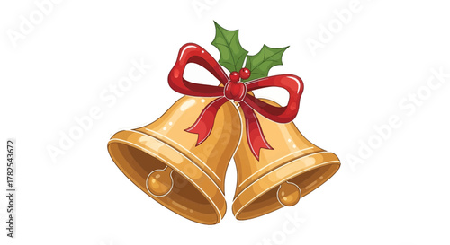 Charming cartoon jingle bells adorned with a festive bow and holly leaves illustration