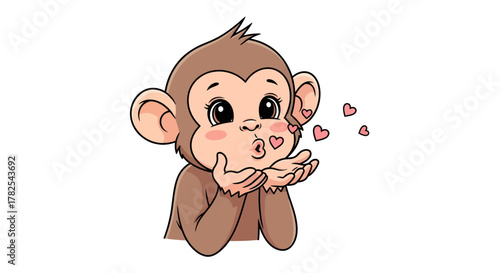 Charming cartoon monkey sending sweet love with small hearts on a white backdrop illustration