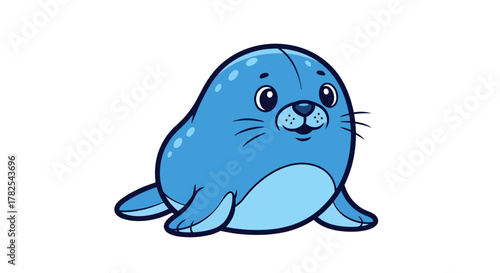 Charming cartoon seal illustration with gentle features and blue pastel color palette provides a
