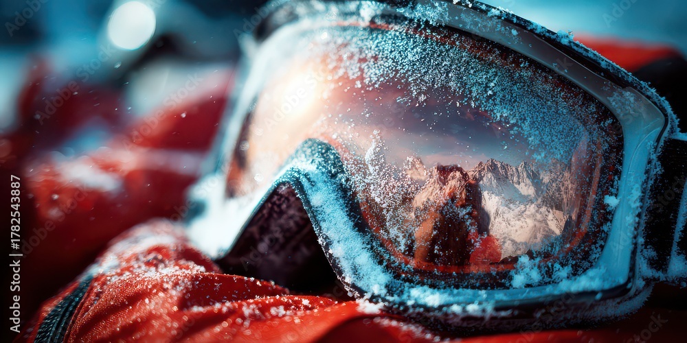 Naklejka premium Ski Goggles Reflecting Snowy Mountains and Winter Landscape