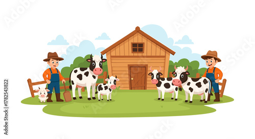 Charming pastoral scene featuring farmers and cows in a quaint cartoon farm setting