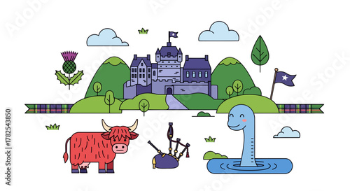 Charming Scottish Landscape Illustration: Highland Cattle, Loch Ness Monster and Castle