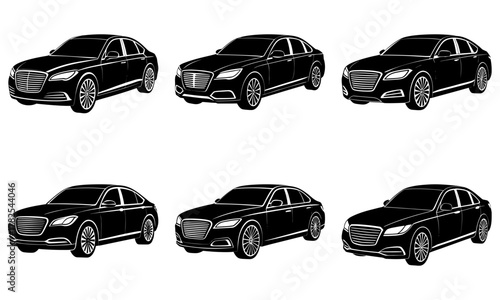 Sleek black luxury sedans showcased from multiple angles, perfect for automotive marketing and design projects.