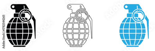 Striking grenade icons in black, outline, and blue offer versatile design elements for themes of conflict, danger, or security solutions.