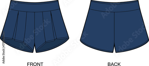 navy blue shorts, pleated front sketch, athletic fashion template, wide waistband design, apparel illustration, garment construction, clothing flat sketch, style guide