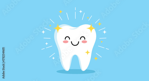 Radiant white tooth character, beaming with a joyful smile and sparkling highlights, symbolizing dental health on a light blue background.