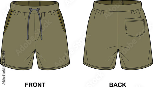 olive green shorts, drawstring waistband sketch, casual fashion template, side pocket design, apparel illustration, garment construction, clothing flat sketch, style guide