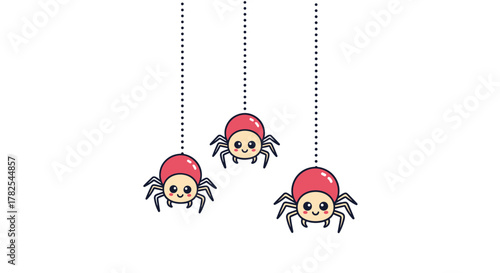 Whimsical trio of adorable cartoon spiders with rosy pink heads, cheerfully dangling from dotted lines on a clean white background.