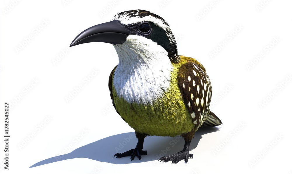 Naklejka premium A whimsical creature with the body of a bird and the face of a toucan, featuring vibrant colors and detailed feathers