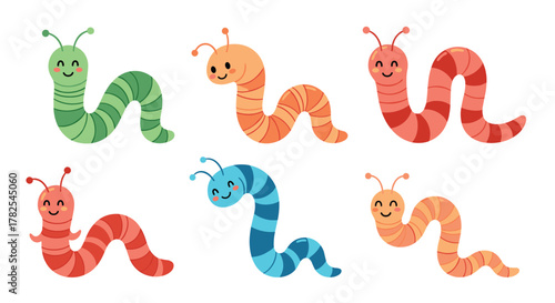 Cheerful collection of six cartoon worms, each adorned with vibrant colors and beaming smiles, crawling happily on a clean white background.