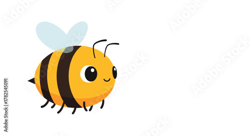 Adorable cartoon bumblebee, characterized by its sweet big eyes and delicate wings, cheerfully buzzing across a pristine white background.