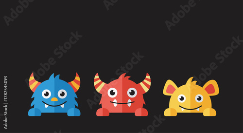 Playful trio of colorful cartoon monsters, featuring various horns and cheerful smiles, peeking mischievously over a surface on a dark background.