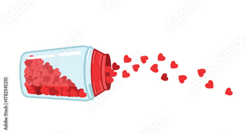 Overflowing glass jar, tipped playfully to release a cascade of tiny red hearts, symbolizing abundant love and affection on a white background.