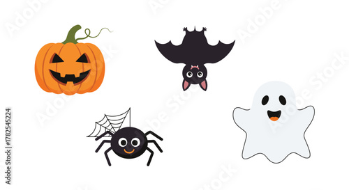 Spooky yet sweet assortment of four classic Halloween characters: a grinning jack-o'-lantern, a playful bat, a cute spider, and a happy ghost.