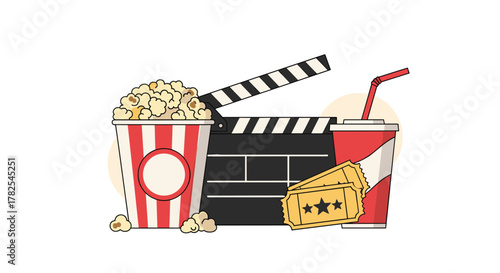 Classic movie night essentials: a clapperboard, freshly popped popcorn, a refreshing soda, and golden cinema tickets, all ready for entertainment.