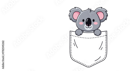 Adorable cartoon koala, curiously peeking out from the comfort of a white pocket, radiating innocence and charm against a clean white background.