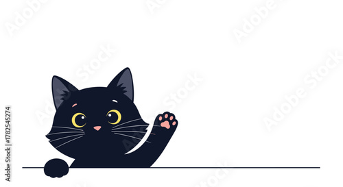 Friendly black cat with expressive yellow eyes, cheerfully waving its paw while peeking playfully over a hidden line on a white background.