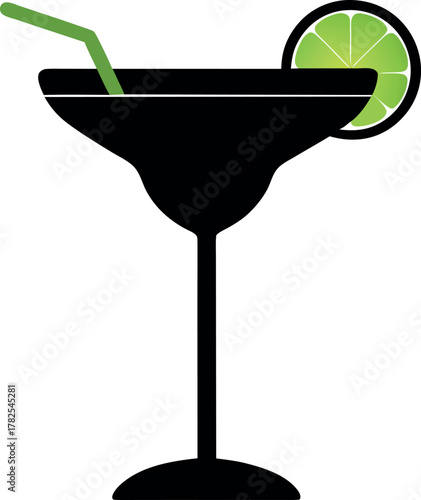 Margarita Cocktail Silhouette with Lime Garnish and Straw for Tropical Beverage Design