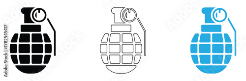 Bold and graphic representations of a hand grenade in black, outline, and blue, offering versatile design elements for impactful projects.