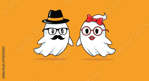 Stylish duo of adorable cartoon ghosts, a gentleman with a hat and mustache, and a lady with a bow and glasses, happily holding hands.