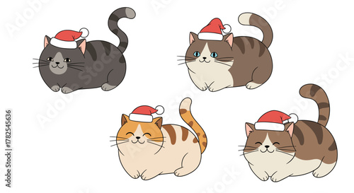 Festive gathering of five adorable cartoon cats, each donning a cheerful red Santa hat, ready for holiday celebrations on a white background.