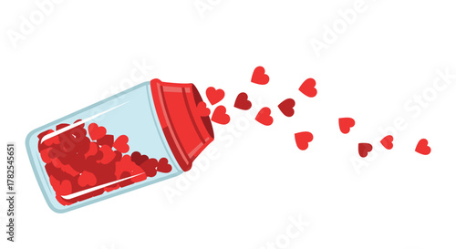 Romantic glass jar, tipped gently to release a torrent of miniature red hearts, symbolizing endless affection and passionate devotion on a white background.