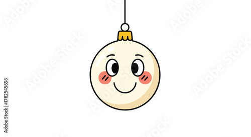 Charming white Christmas ornament, adorned with a delightful happy face, delicately dangling from a string against a pristine white background.
