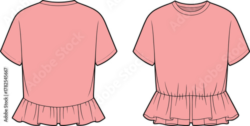 pink peplum top, round neckline sketch, short sleeve design, ruffled hem template, fashion illustration, garment construction, apparel drawing, style guide