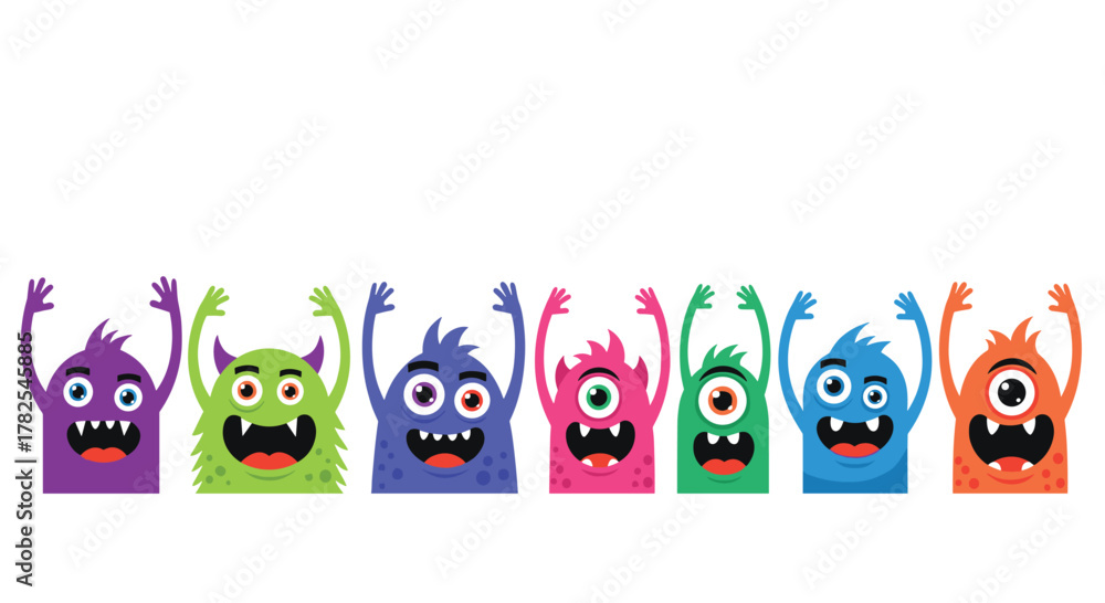 Obraz premium Vibrant lineup of seven cheerful cartoon monsters, each with horns, multiple eyes, and wide smiles, enthusiastically raising their arms in greeting.