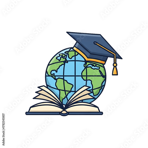 Graduation cap on globe icon symbolizing global education.
