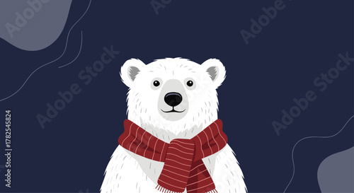 Friendly cartoon polar bear, charmingly bundled in a red striped scarf, gazing directly at the viewer against a mysterious dark blue background.