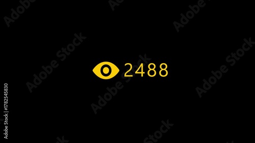 Animated views counter for streaming videos and viral content statistics. Clean UI element showing a dynamic view number increasing on a dark screen. High-quality 4K animation of a views icon and rapi