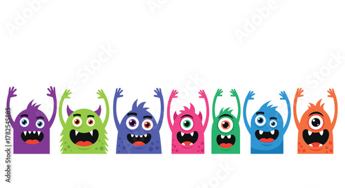 Vibrant lineup of seven cheerful cartoon monsters, each with horns, multiple eyes, and wide smiles, enthusiastically raising their arms in greeting.