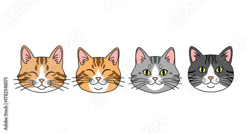 Adorable lineup of four distinct cartoon cat faces, each displaying unique fur patterns and subtle expressions, from relaxed to alert, perfect for animal lovers.