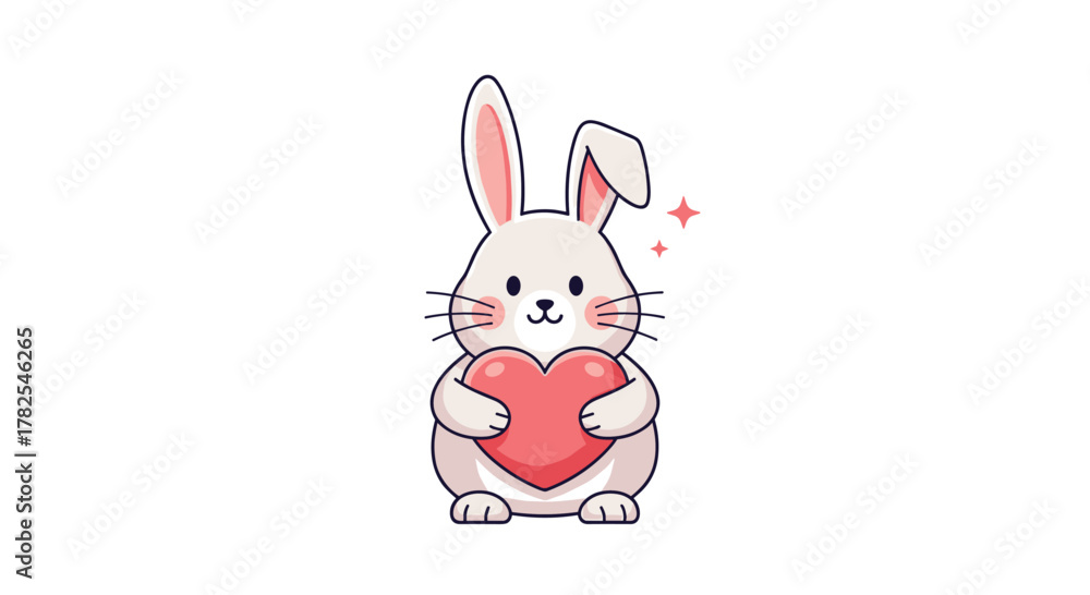 Fototapeta premium Adorable white bunny holding a plump red heart, radiating subtle sparkles, symbolizing love, affection, and tenderness, perfect for romantic or sweet child-oriented themes.